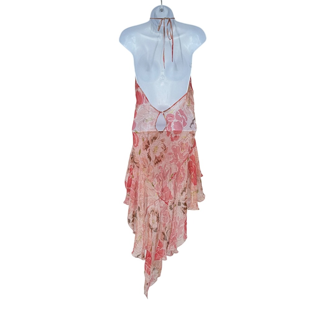 Pink Floral Halter Neck Asymmetrical Ruffle Hem Chiffon Dress Y2K Fairycore - Picture 2 of 5